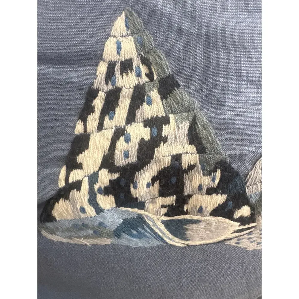 KUK May Embroidered Linen Pillow seashells Nautcial Blue white 20